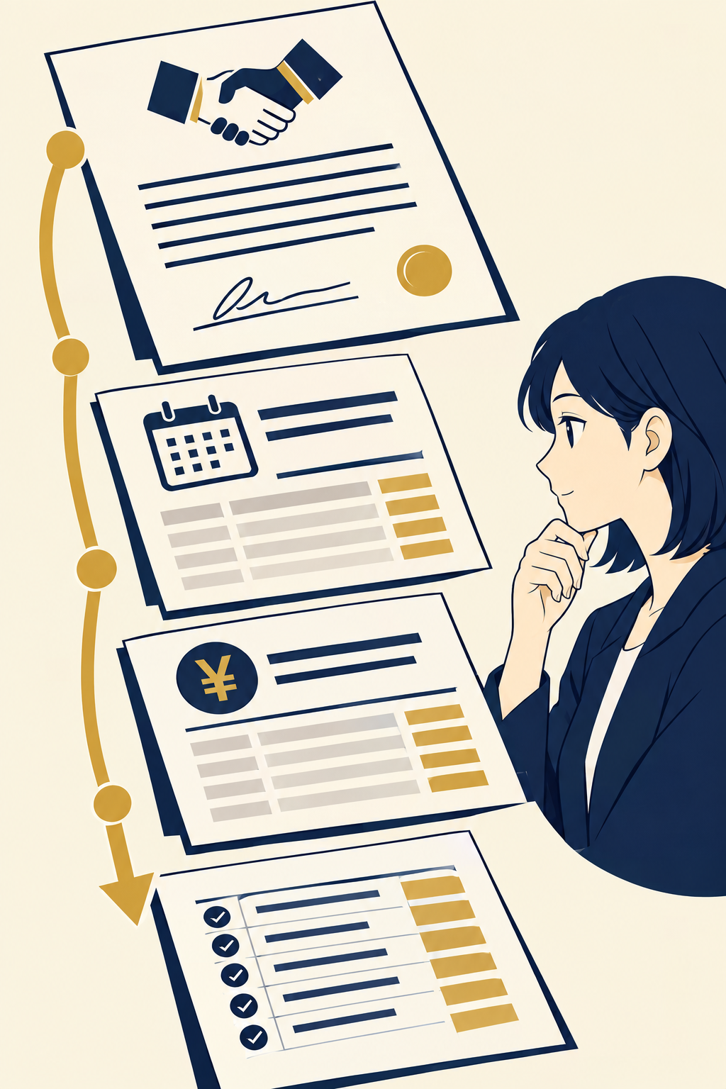 契約書や返済記録の書類が、取引の時系列に整理される様子を示す図