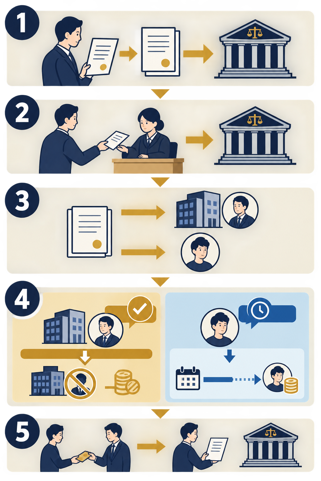 債務名義の取得から申立て、差押命令の発令と勤務先・本人への送達、取立て、支払後の届出までを示す図。勤務先への送達で差押えの効力が生じ、通常の給料差押えでは本人への送達から4週間経過後に取立てが可能となる流れを区別している。