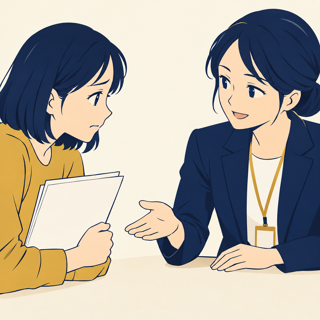 届いた書類を見て悩んでいる債務者に対して、相談窓口の専門家が落ち着いて解決に向けたサポートを行う様子