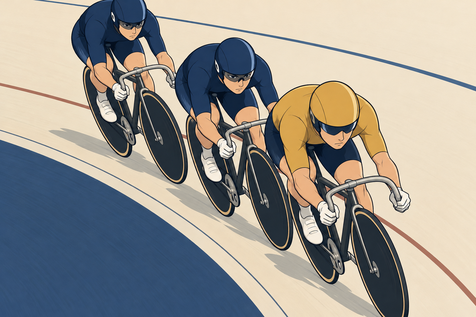 バンクを3人の選手が一列で走るラインの図。番手選手は先頭の選手の後ろにつく。
