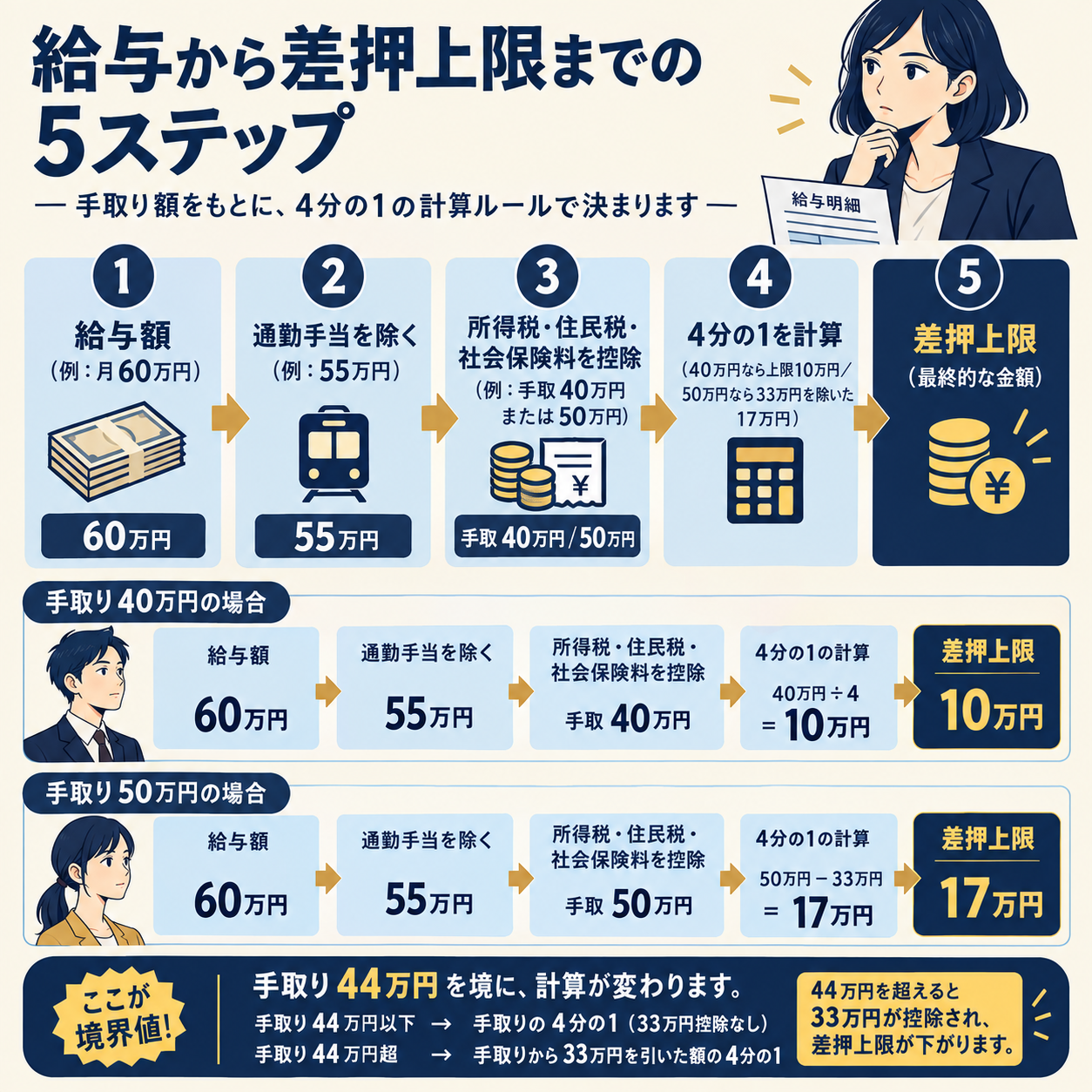 給与から通勤手当を除き、所得税・住民税・社会保険料を控除した手取額に対して差押上限を計算するフロー。手取が月額44万円以下なら4分の1、44万円を超える場合は33万円を除いた額が上限となる2つの例を図示。