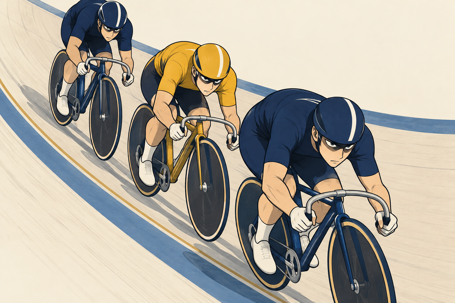 バンクを走る3人の選手。先頭の選手の後ろに番手、その後ろにもう1人が続いている。