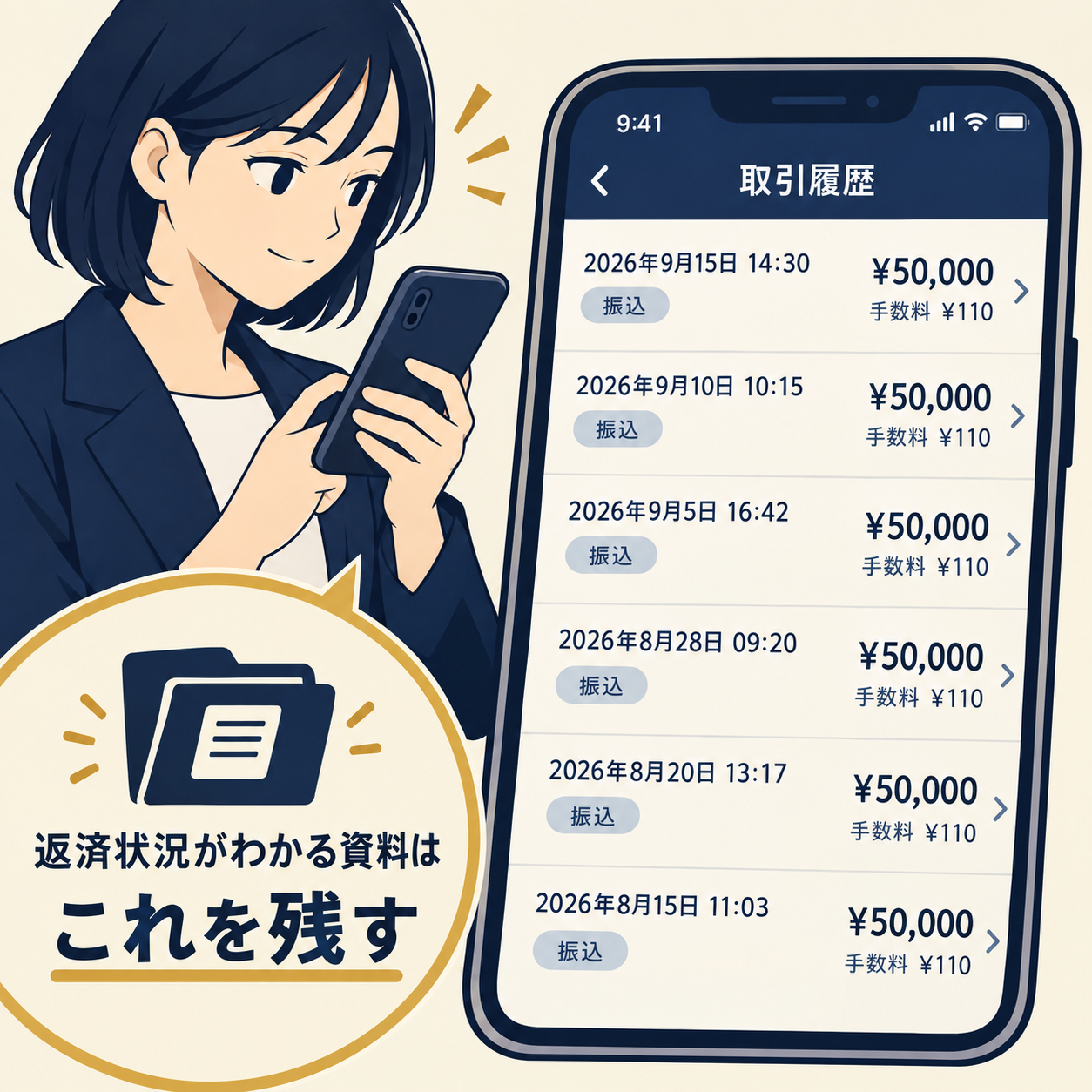 スマートフォンの銀行アプリに表示された返済記録。複数の返済が日付・金額・手数料・種別とともに表示されている