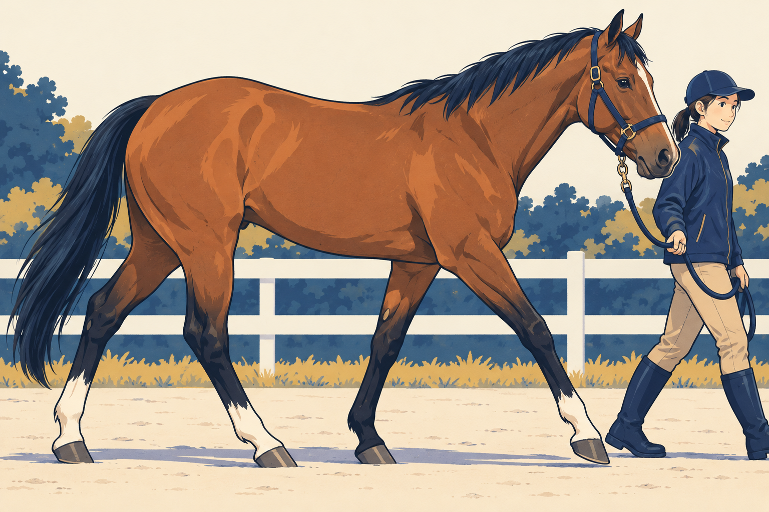 パドックでスタッフに引かれて歩く馬の側面。後肢と前肢の動きを見る位置が分かる。
