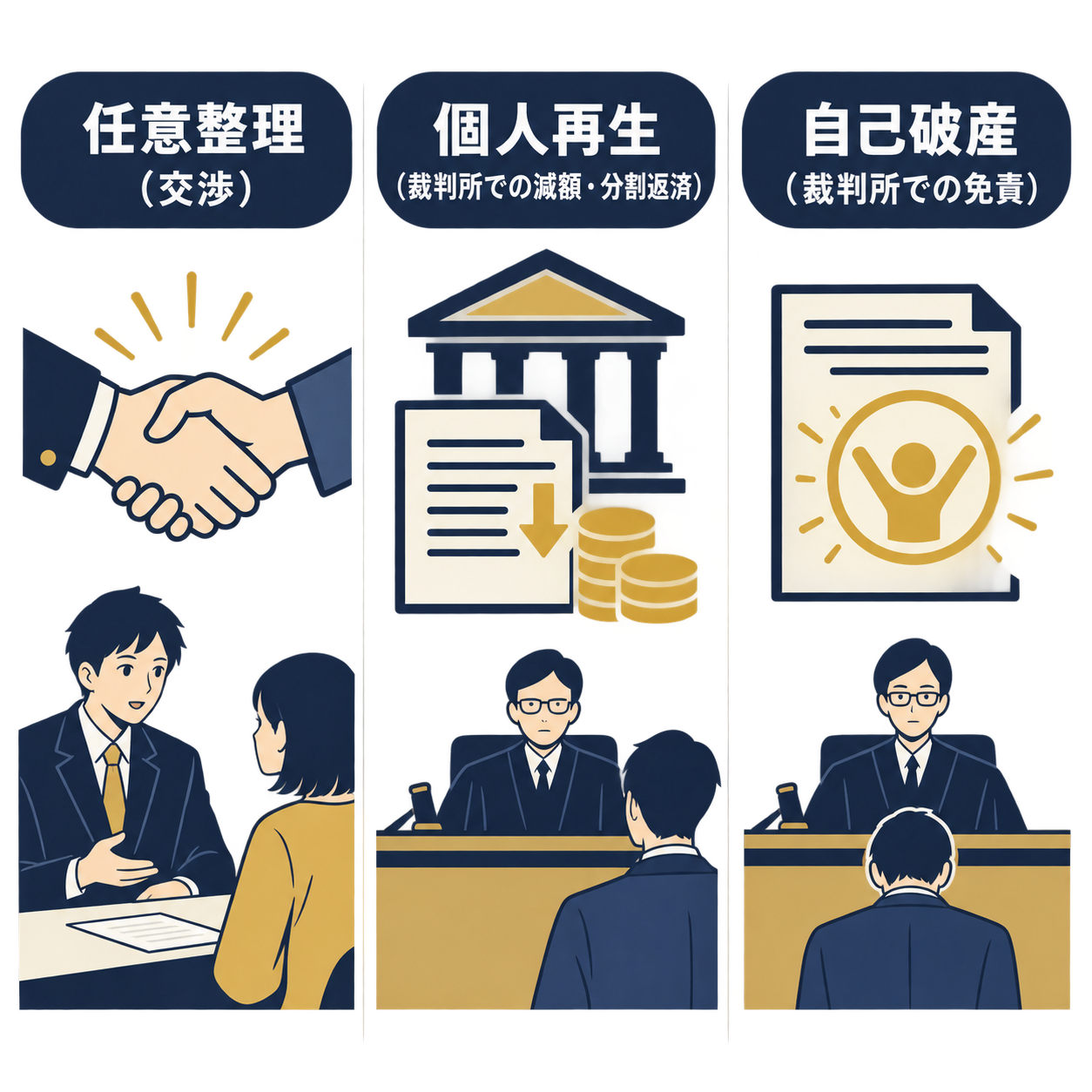 任意整理、個人再生、自己破産の3つの手続きの違いを示すイメージ