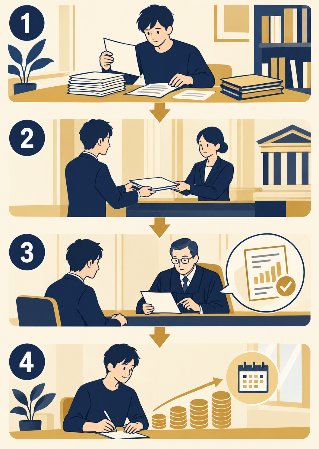 相談・準備、裁判所への申立て、再生計画案の確認、認可決定確定後の返済開始を、上から下への矢印で示した4段階の図。