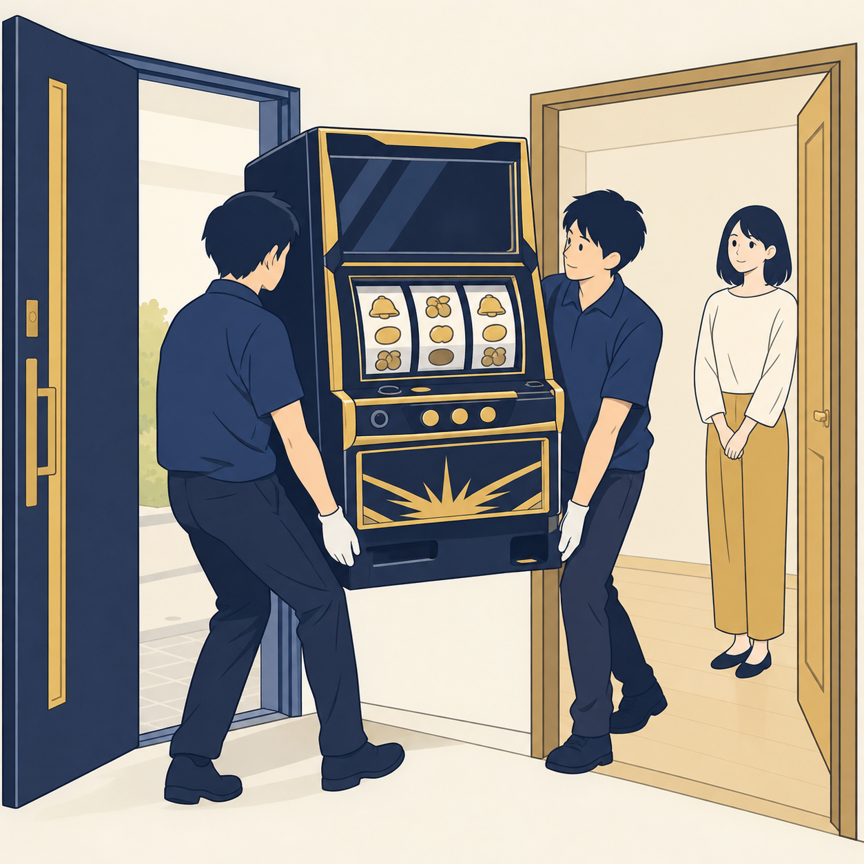 室内ドアの横に置かれたスロット実機。実機の大きさと搬入経路を確認するイメージ