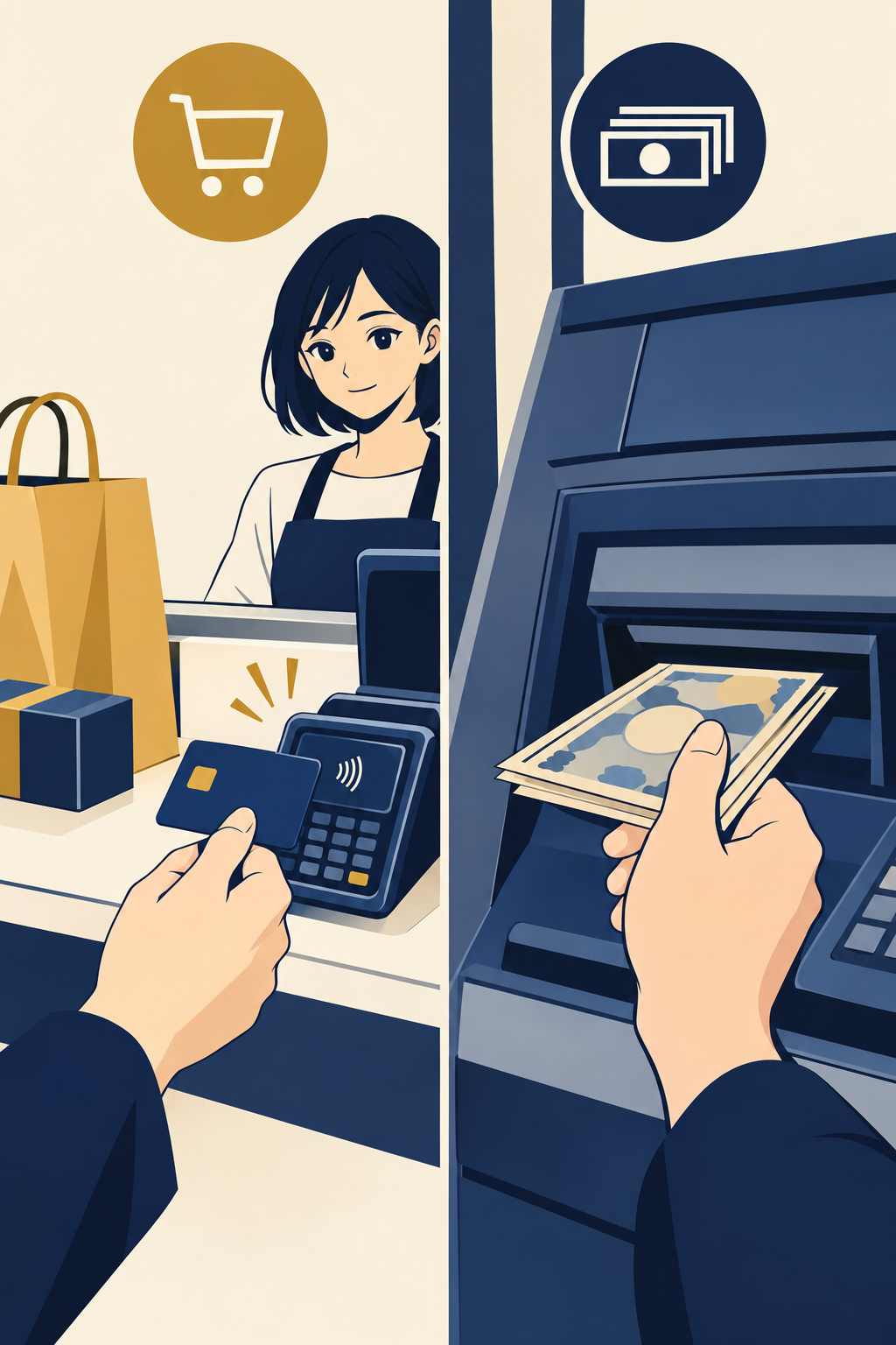 店舗でカード決済をする場面と、ATMで現金を引き出す場面を並べた図。ショッピングとキャッシングの取引の違いを示す。