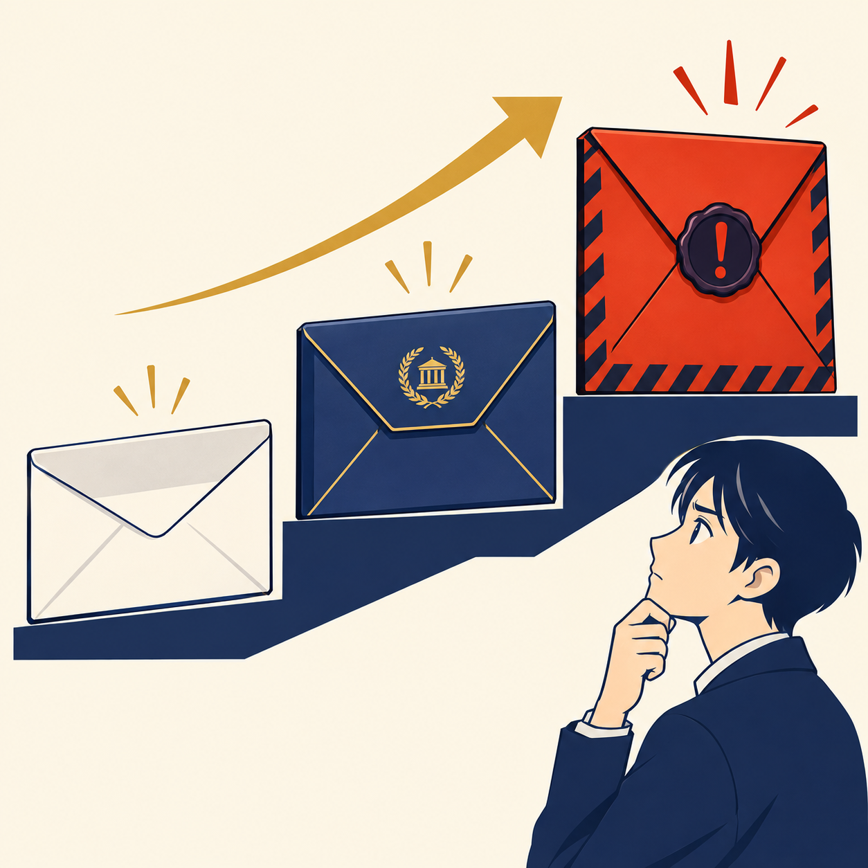 一般的な督促状から裁判所の手続きに進むにつれて、届く書類の重要度や切迫感が増していく段階的なイメージ