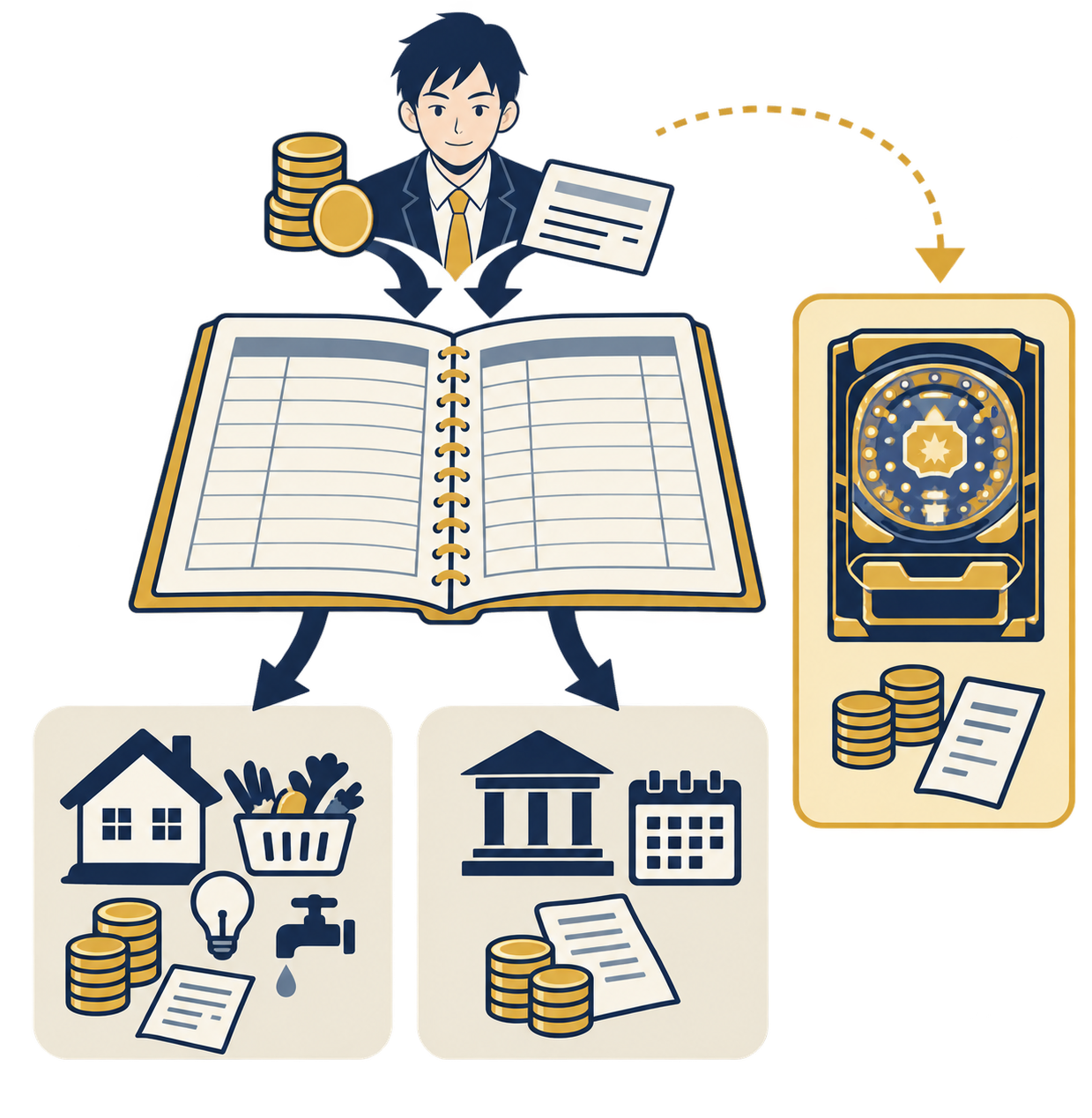 家計簿で収入、生活費、借金の返済額を整理し、パチンコへの支出を別に記録する図。