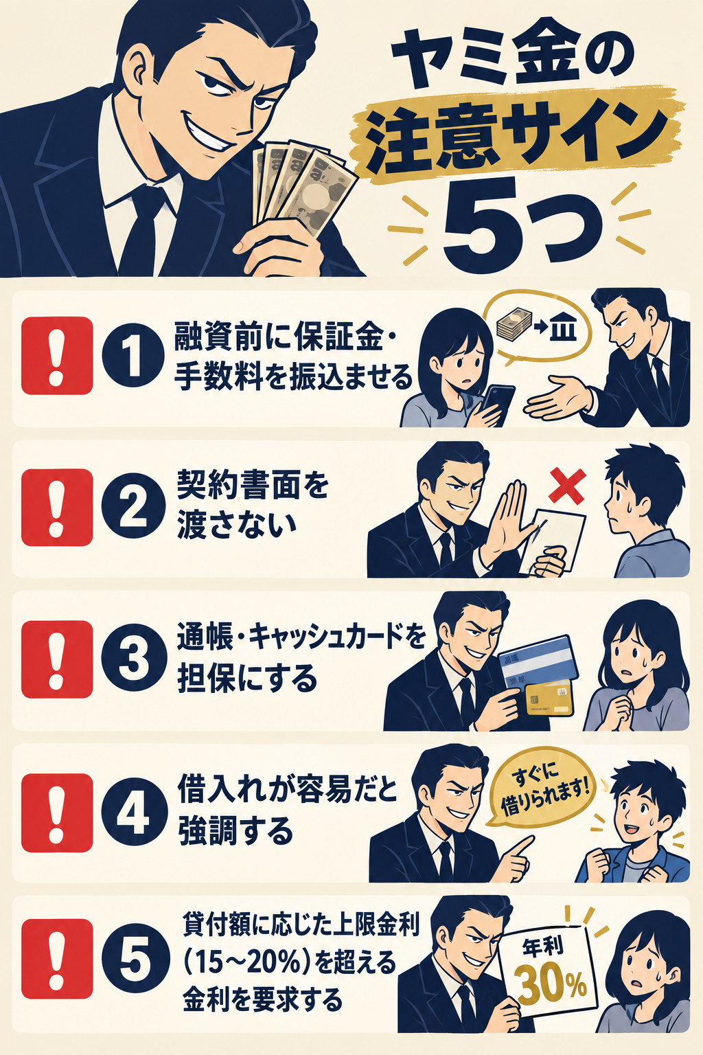 ヤミ金の注意サイン5つをリスト形式で表示したインフォグラフィック。各項目の左に赤い注意マーク。①融資前に保証金や手数料を振込ませる ②契約書面を渡さない ③通帳やキャッシュカードを担保にする ④借入れが容易だと強調する ⑤貸付額に応じた上限金利(15~20%)を超える金利を要求する。各サインの説明は簡潔で、カラーは赤と紺と白を基調に、余計な装飾や写真は含まない