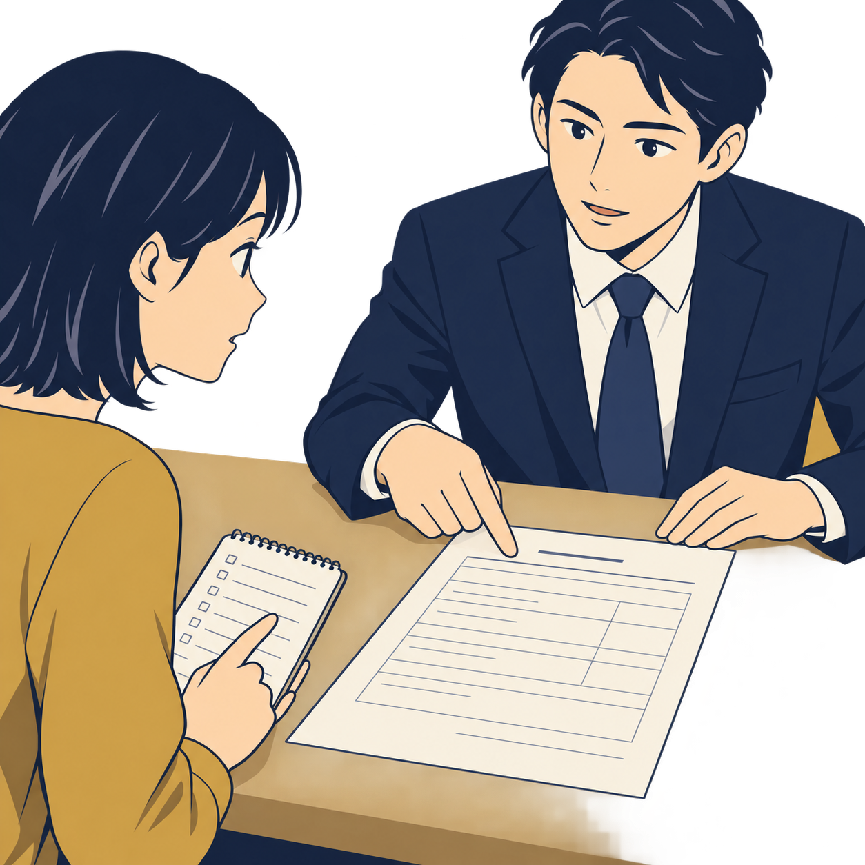 相談机をはさんで弁護士本人と向かい合い、費用内訳の書面を見ながら自分のチェックリストで質問している相談者の場面。依頼前の確認は面談と書面で行うことを示す。