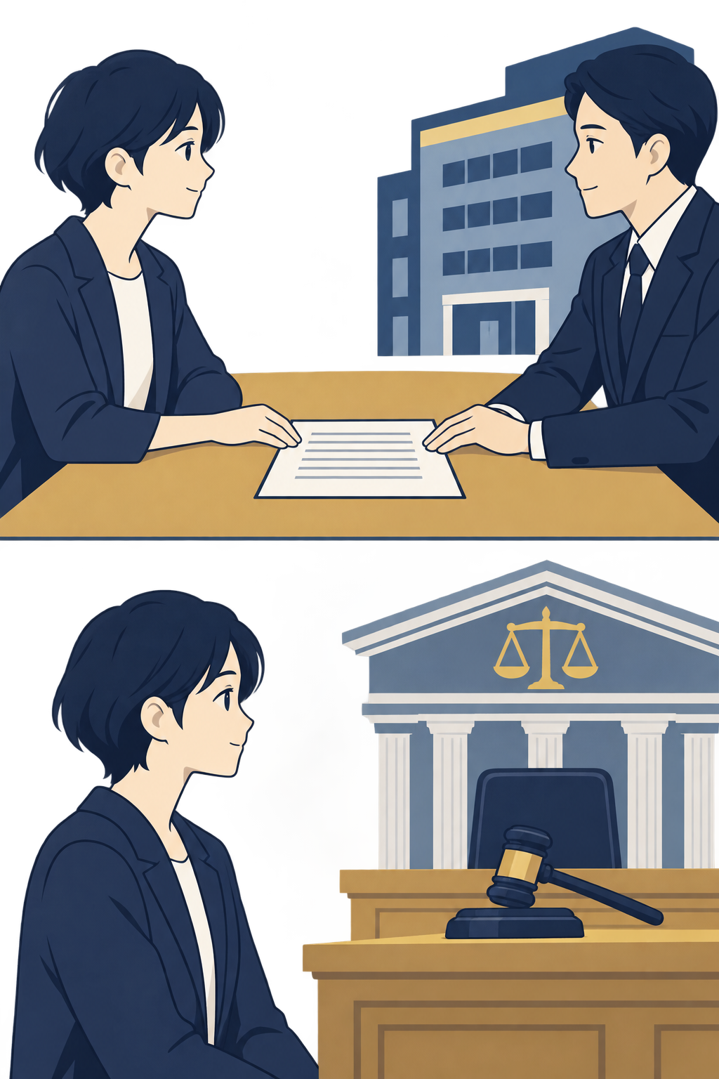 任意整理は債権者と書類で合意を目指す交渉の手続きであり、個人再生や自己破産は裁判所を通す手続きであることを、上下2段の図で比べた説明図