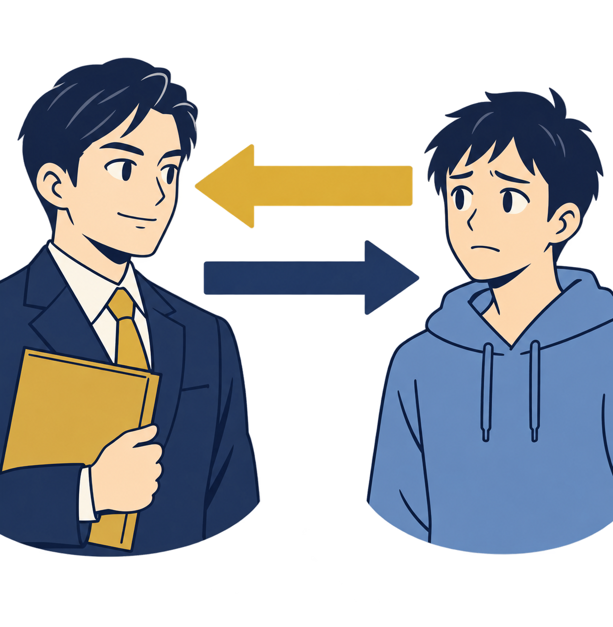 お金を貸した人と借りた人の関係図。借りた人から貸した人へ返済の矢印、貸した人から借りた人へ請求できる権利の矢印が向かっている。