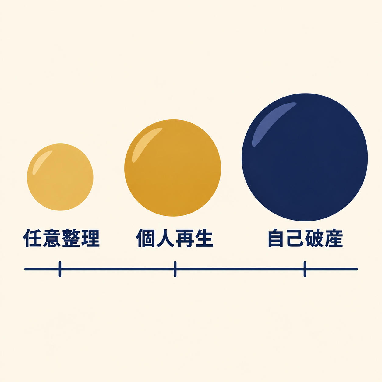 任意整理・個人再生・自己破産の3つの手続きが、左から右へ影響の大きさが増す順に並んだ図。