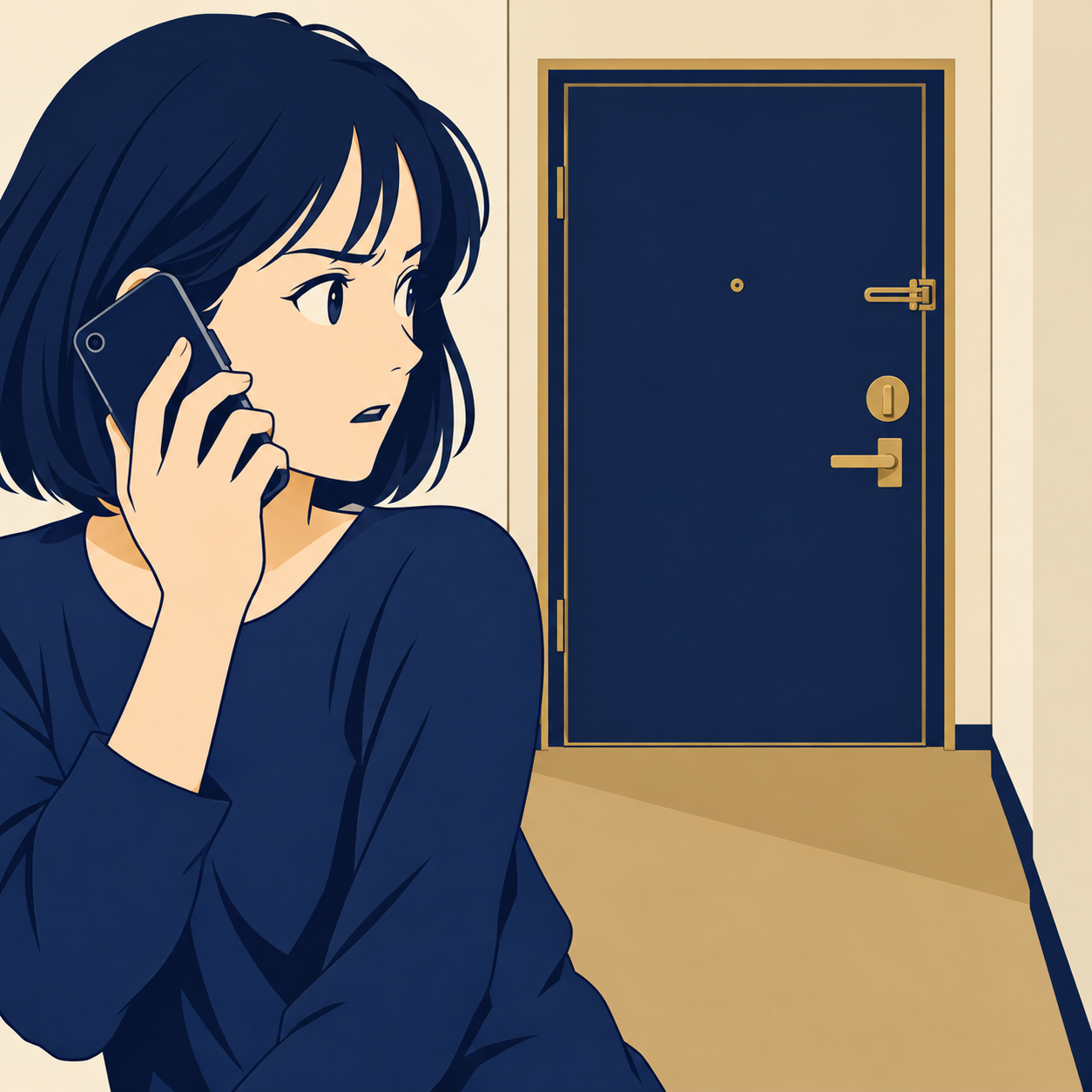 自宅玄関のドアを開けず施錠したまま、室内からスマートフォンで通報を行う様子のイラスト
