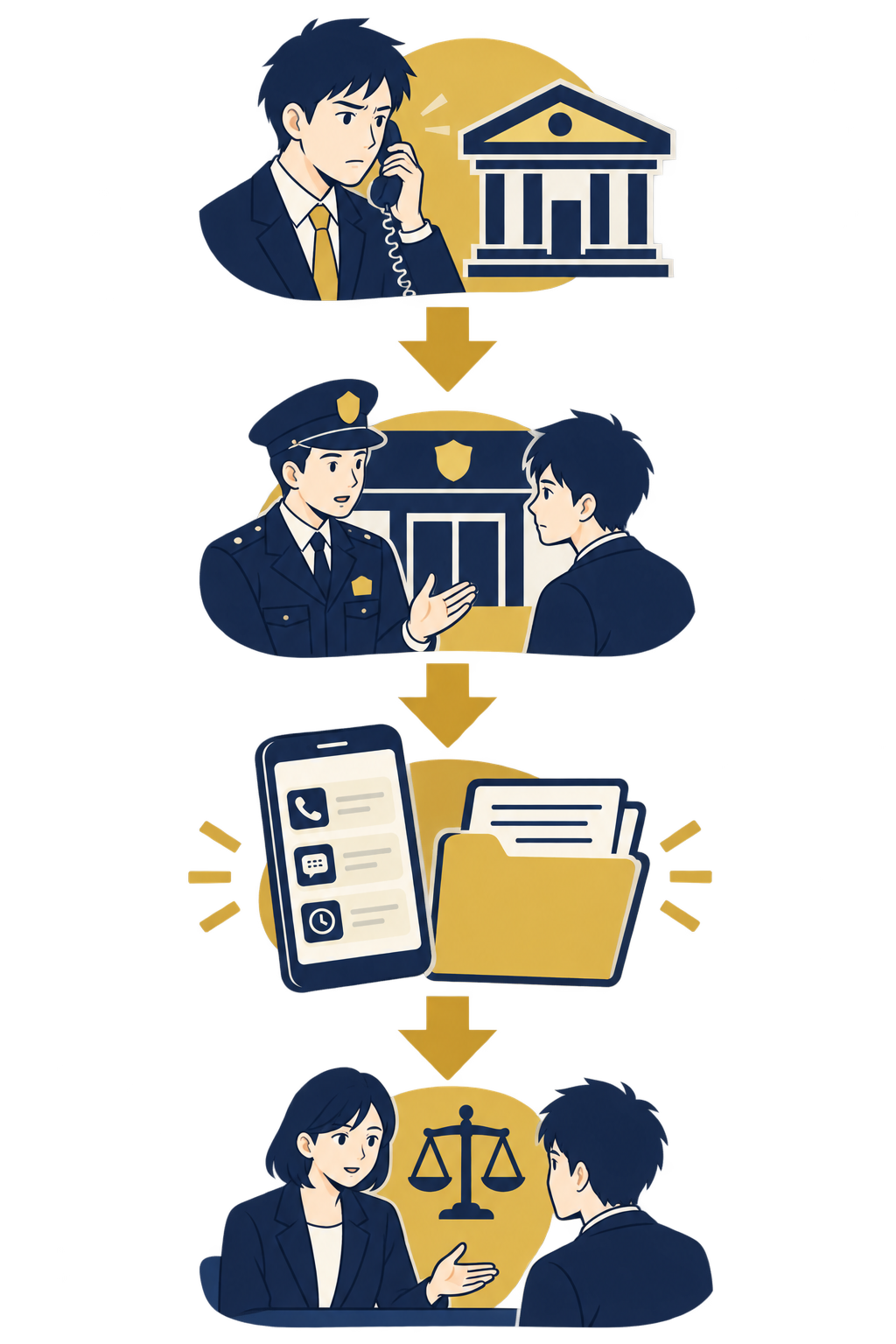 口座凍結直後に取るべき4つの行動ステップ(銀行確認、警察相談、証拠保全、専門家相談)の流れ